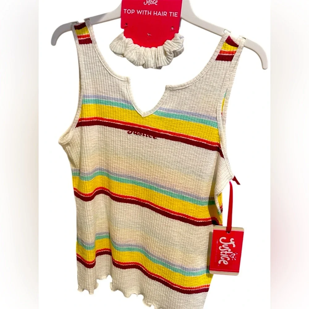 Justice Red and Yellow Striped Tank Top with matching hair tie 🎀